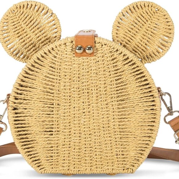 Handmade Round Rattan Straw Bag with Cute Mouse Ears - Stylish Crossbody Purse - Picture 9 of 9